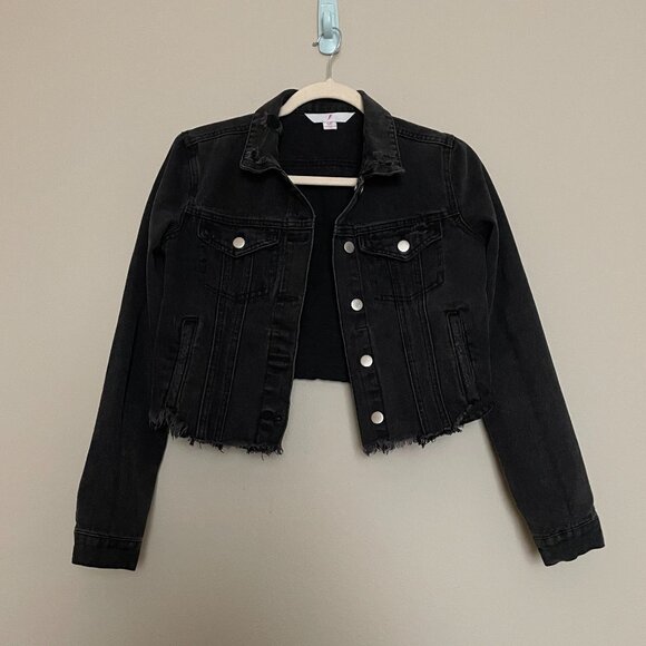 Black, Distressed, S, Juniors, Cropped Jean Jacket - Picture 1 of 7